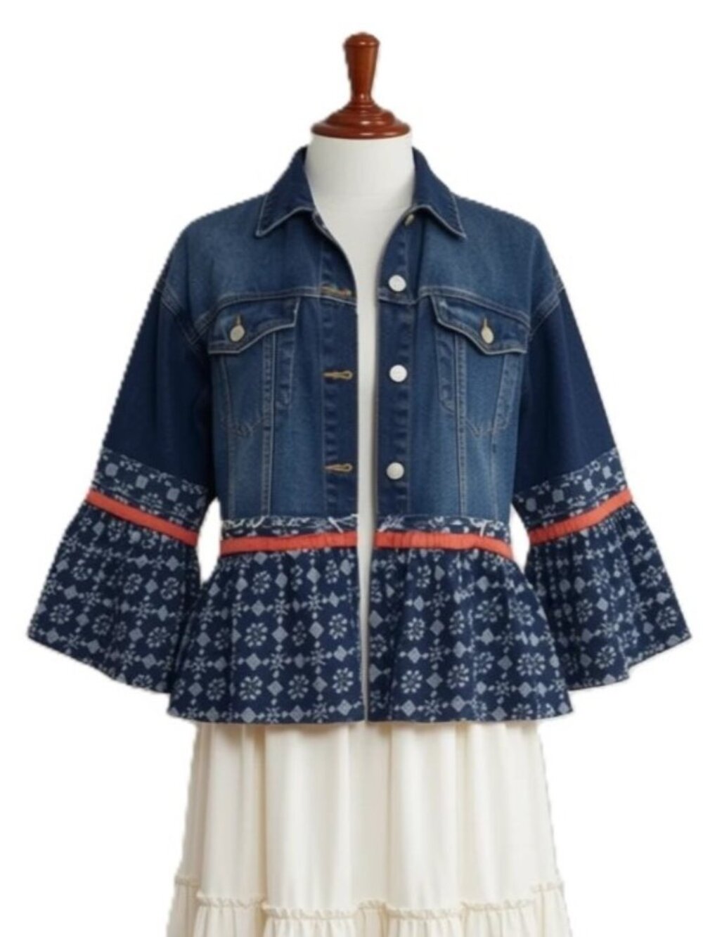 Upcycled Sz M/L Boho Denim Statement Jacket Peplum Flare Sleeve Cotton European
